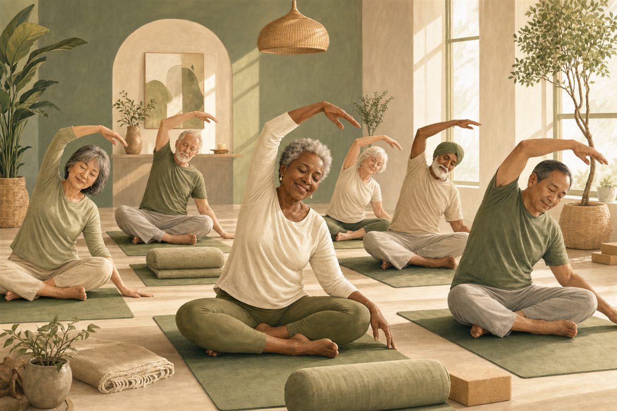 A small group of adults practising gentle seated yoga in a bright community studio